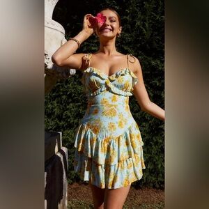 Angel Biba NWT Floral Ruffle Mini Dress Tiered Yellow Blue Sundress M